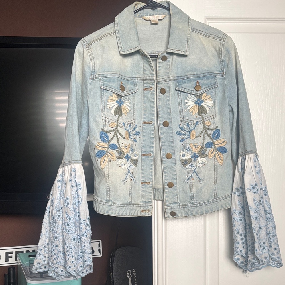 Boston Proper Embroidered Denim Jacket with Flared Sleeves